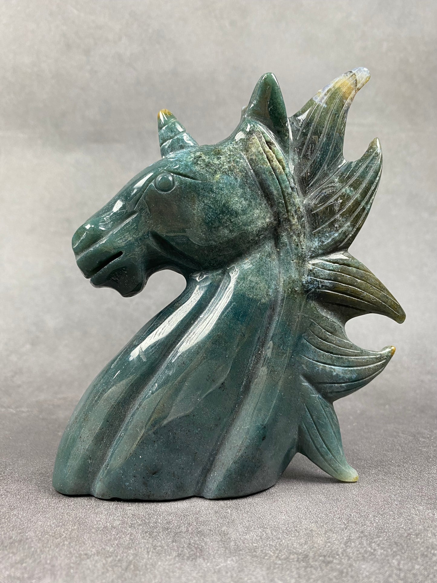 Moss Agate Unicorn Carving
